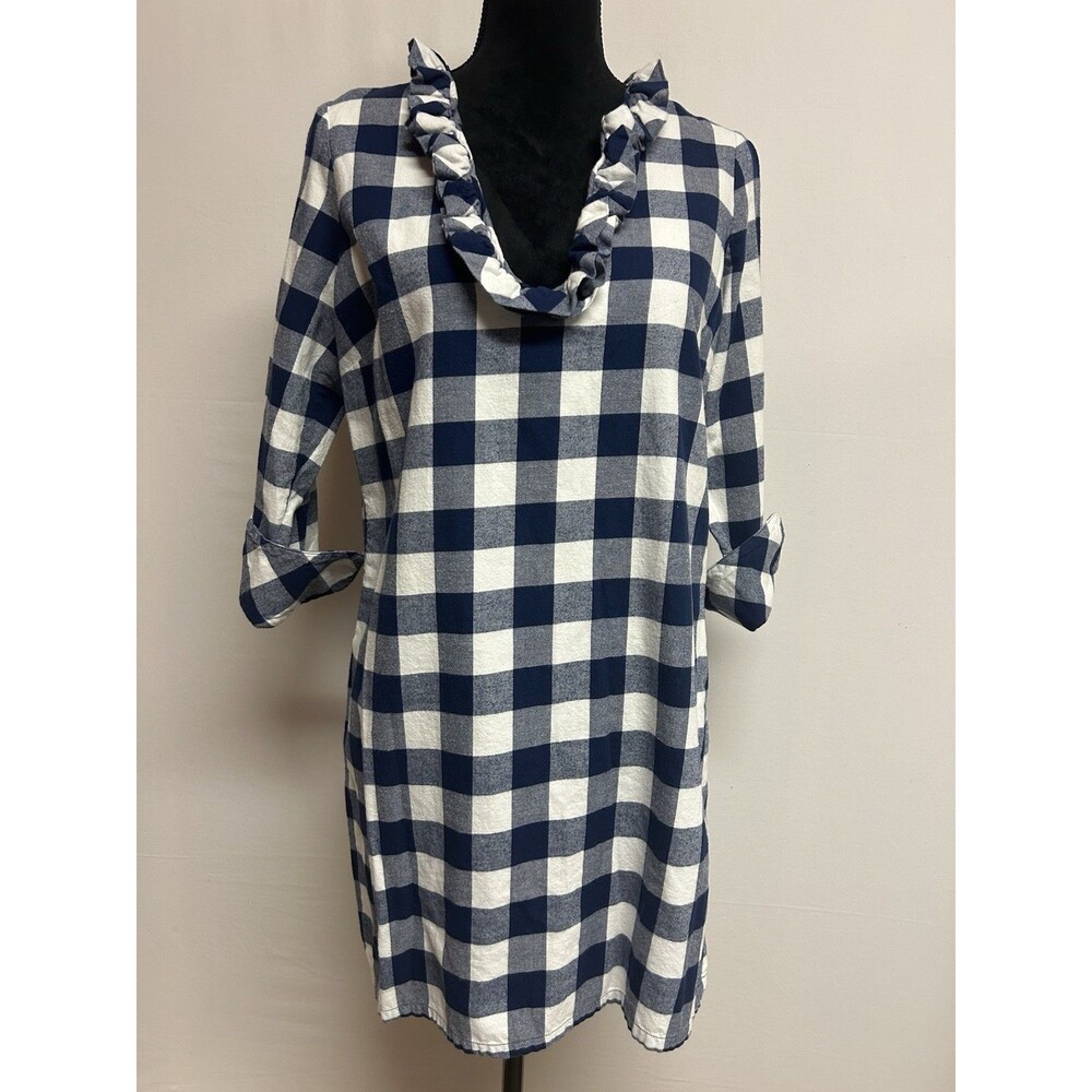 Vineyard Vines Dress Size 4 Navy White Plaid Ruffle V Neck Soft Cotton Shift